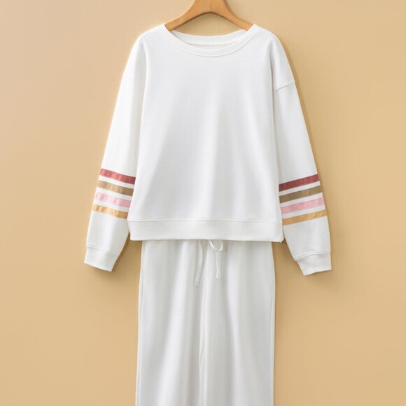 B320 Beige Striped Drop Shoulder Round Neck Pullover and Jogger Set - Picture 4 of 4